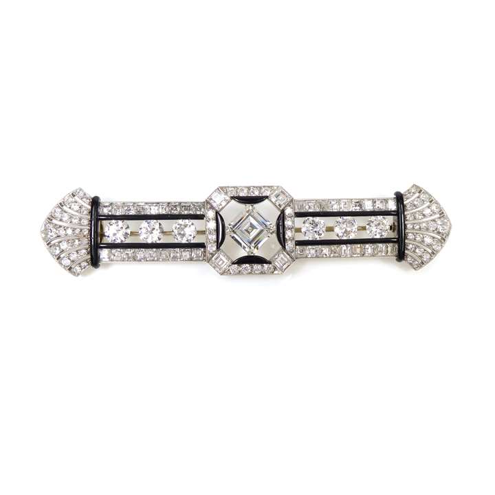 Art Deco diamond and black enamel rectangular cluster brooch